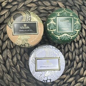 Voluspa‎ Tin Mini Travel Candle Set 3 Fir Cuvee & Vanilla Latte 4 oz Bathroom